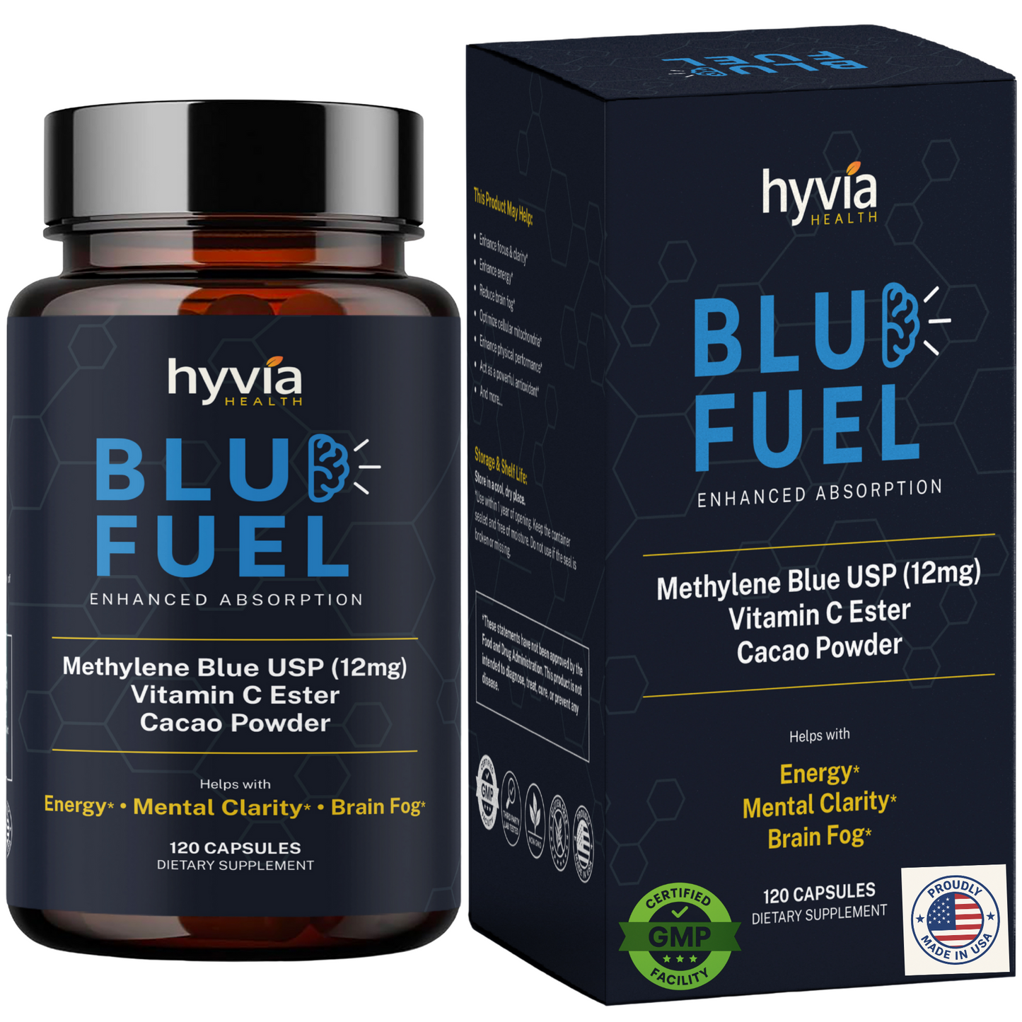 Blu Fuel Methylene Blue Capsules - USP Pharmaceutical Grade Supplement For Humans - 120ct (4-month supply) Leucomethylene Blue