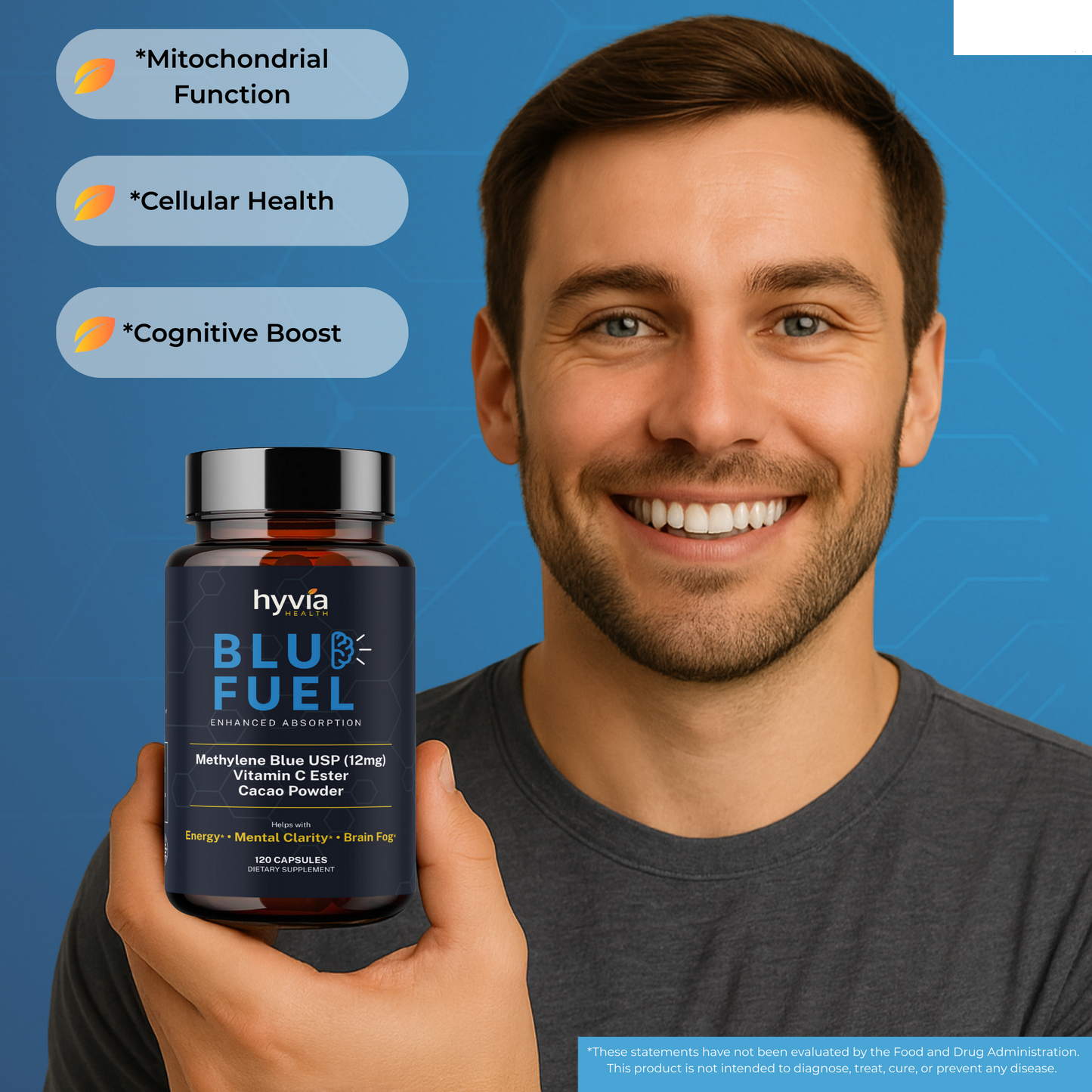 Blu Fuel Methylene Blue Capsules - USP Pharmaceutical Grade Supplement For Humans - 120ct (4-month supply) Leucomethylene Blue