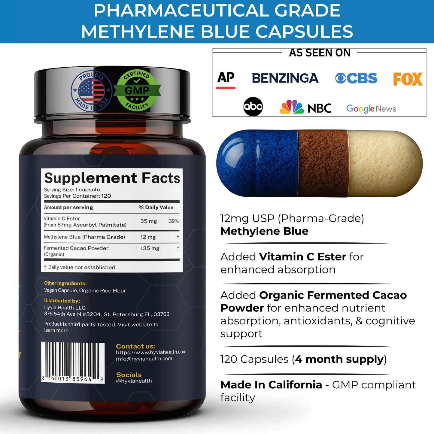 Blu Fuel Methylene Blue Capsules - USP Pharmaceutical Grade Supplement For Humans - 120ct (4-month supply) Leucomethylene Blue