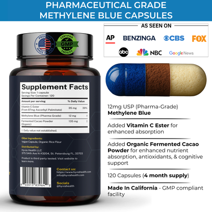 Blu Fuel Methylene Blue Capsules - USP Pharmaceutical Grade Supplement For Humans - 120ct (4-month supply) Leucomethylene Blue